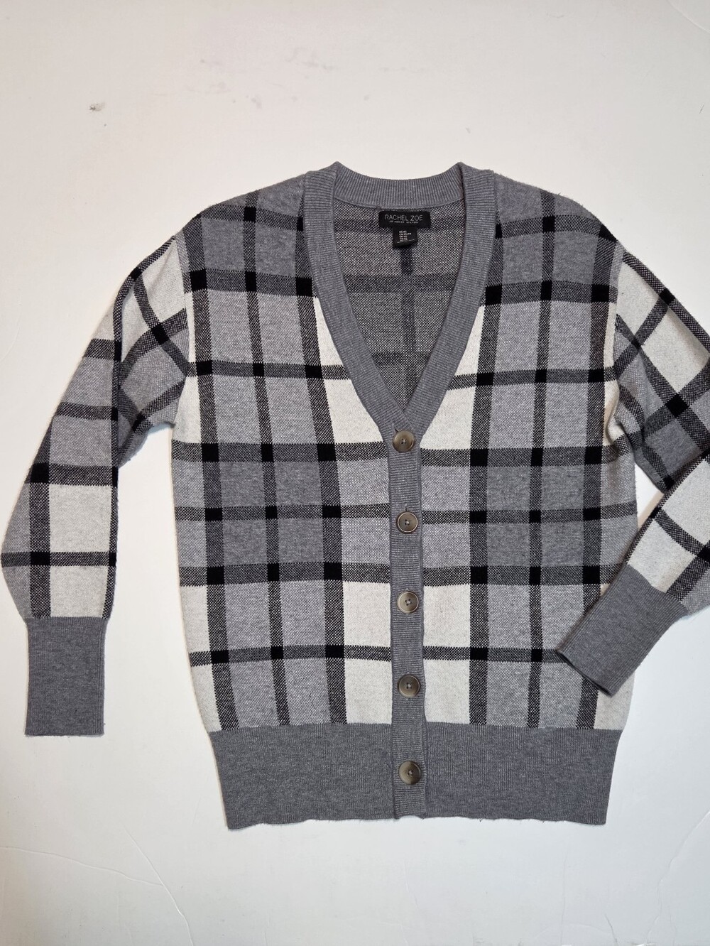Rachel Zoe Gray and White Plaid V-Neck Long Cardigan,  Size XS